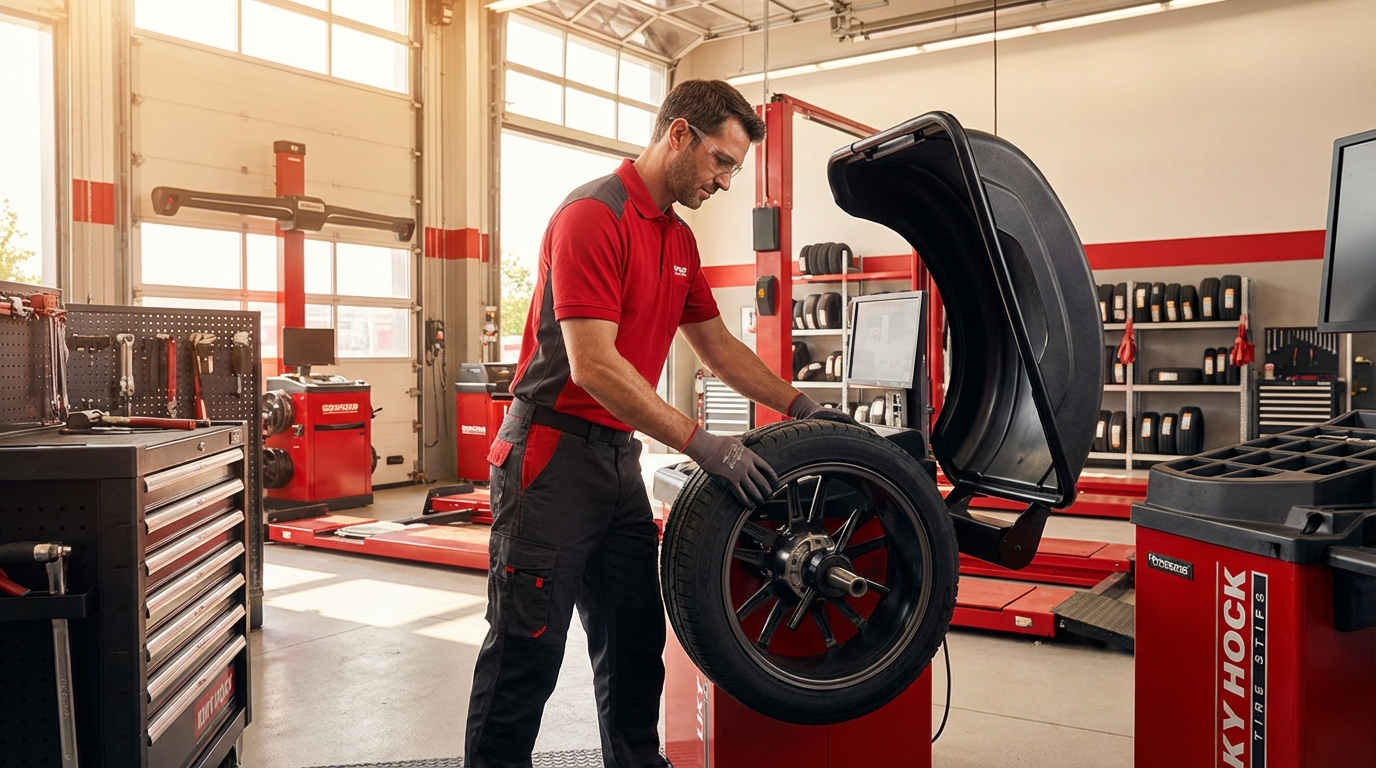 Technician servicing a tire in a professional auto shop